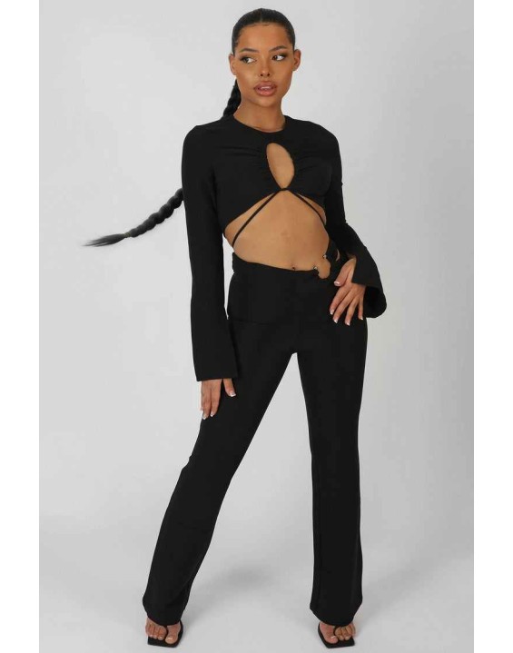 Loop Ruching Long Sleeve Top With Splits Black