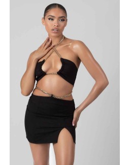 Loop Ruching Chain Strap Bra Top Black