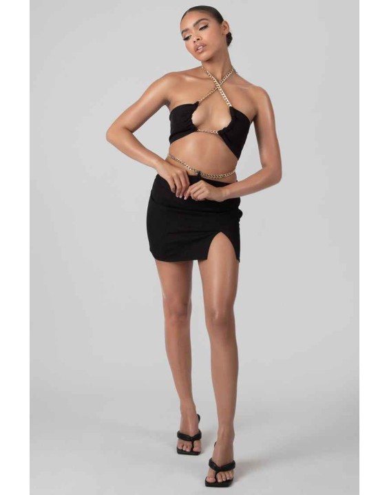 Loop Ruching Chain Strap Bra Top Black
