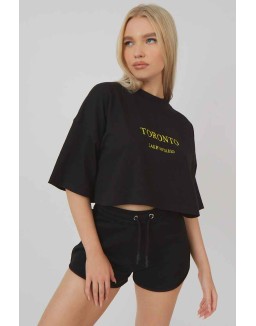 Embroidered Slogan Cropped T-Shirt Black