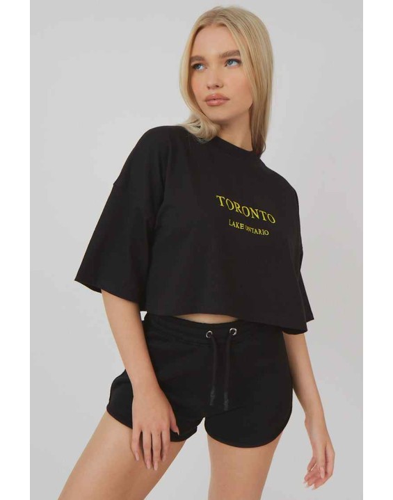 Embroidered Slogan Cropped T-Shirt Black