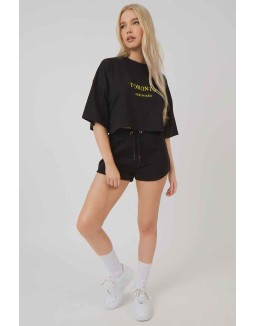 Embroidered Slogan Cropped T-Shirt Black