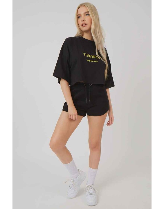 Embroidered Slogan Cropped T-Shirt Black