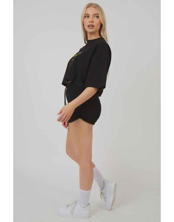 Embroidered Slogan Cropped T-Shirt Black