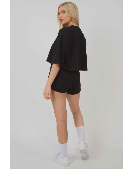 Embroidered Slogan Cropped T-Shirt Black