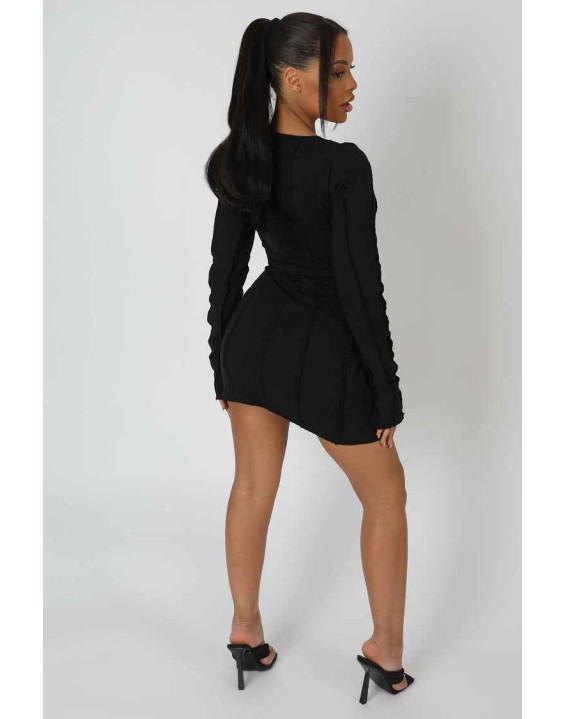 Seam Detail Long Sleeve Mini Dress Black