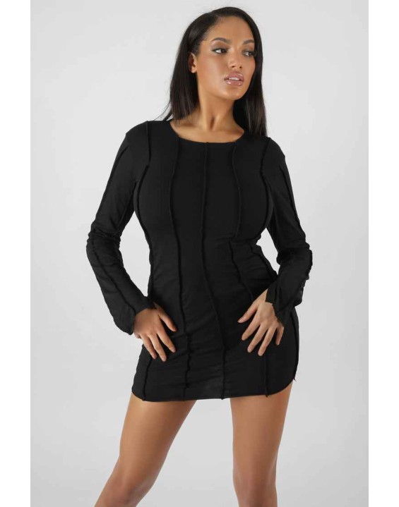 Seam Detail Long Sleeve Mini Dress Black
