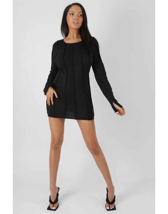 Seam Detail Long Sleeve Mini Dress Black