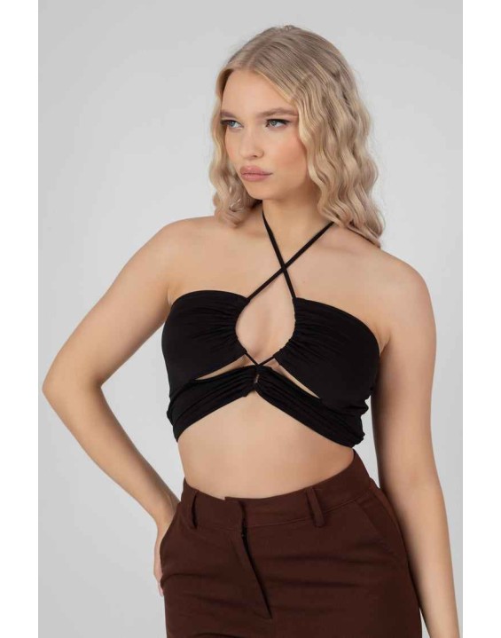 Slinky Loop Ruching Crop Top Black