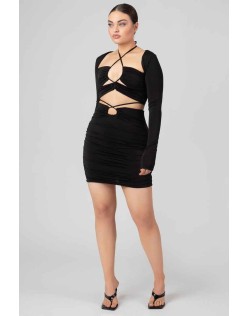 Loop Ruching Midi Skirt Black