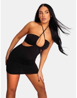 Slinky Loop Ruching Sleeveless Mini Dress Black