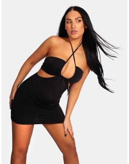 Slinky Loop Ruching Sleeveless Mini Dress Black