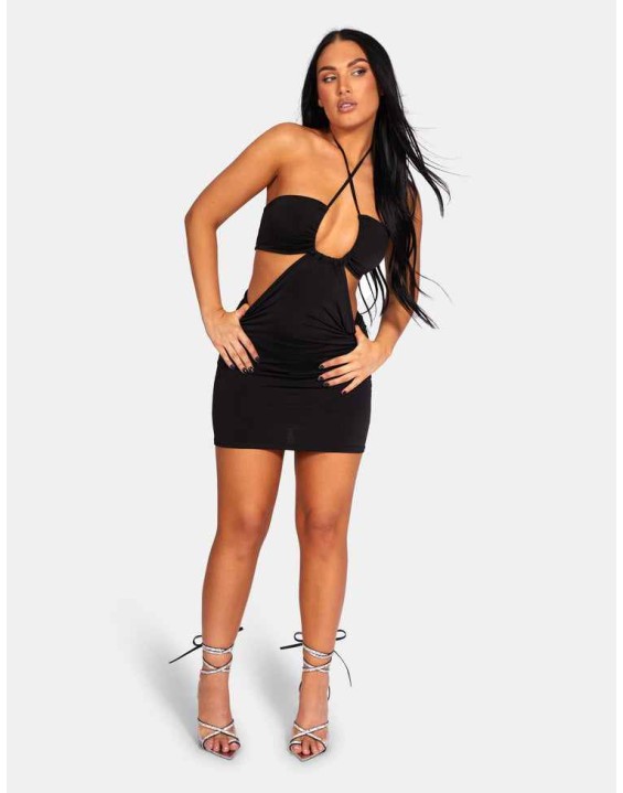 Slinky Loop Ruching Sleeveless Mini Dress Black