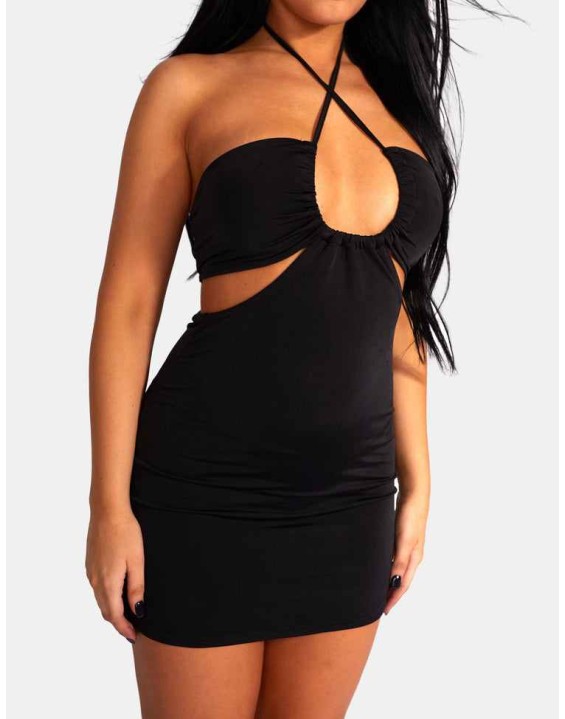 Slinky Loop Ruching Sleeveless Mini Dress Black