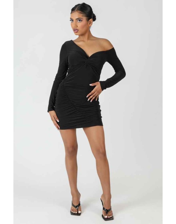 Twist Wrap Gather Long Sleeve Mini Dress Black