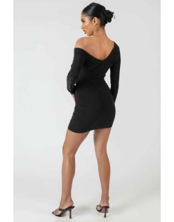 Twist Wrap Gather Long Sleeve Mini Dress Black