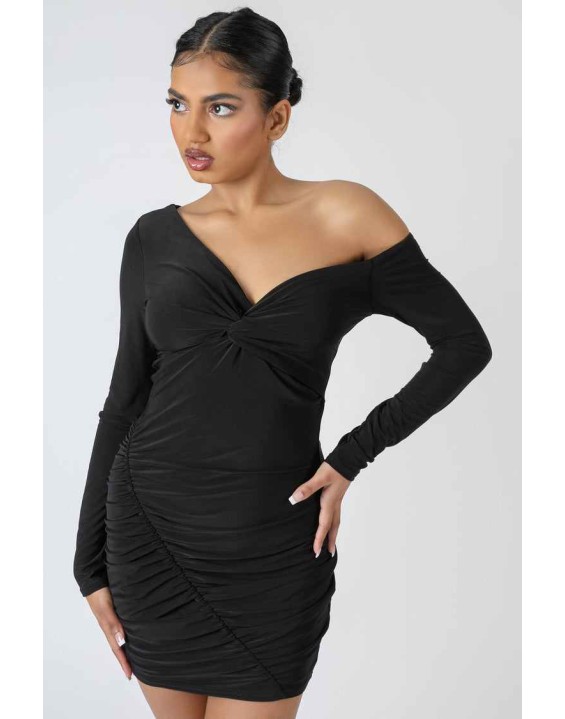 Twist Wrap Gather Long Sleeve Mini Dress Black