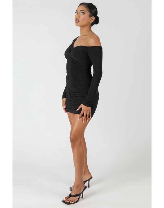 Twist Wrap Gather Long Sleeve Mini Dress Black