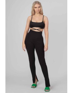 Split Hem Ribbed Leggings Black