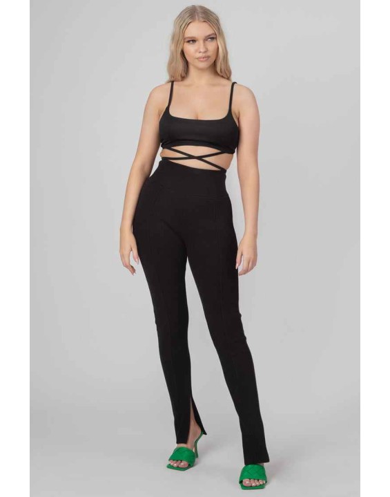 Split Hem Ribbed Leggings Black