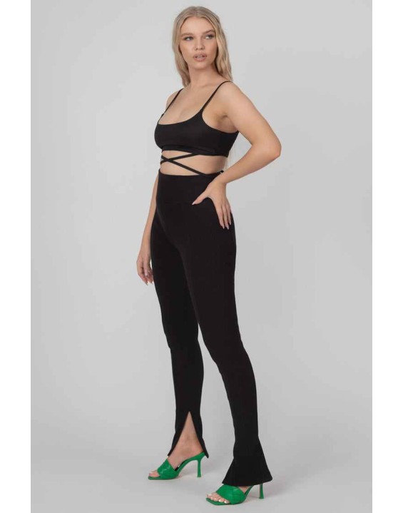 Split Hem Ribbed Leggings Black