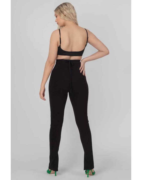 Split Hem Ribbed Leggings Black