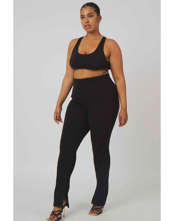 Curve Split Hem Ribbed Leggings Black