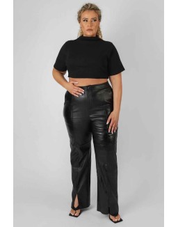 Curve High Neck Ribbed Cropped T Shirt Black