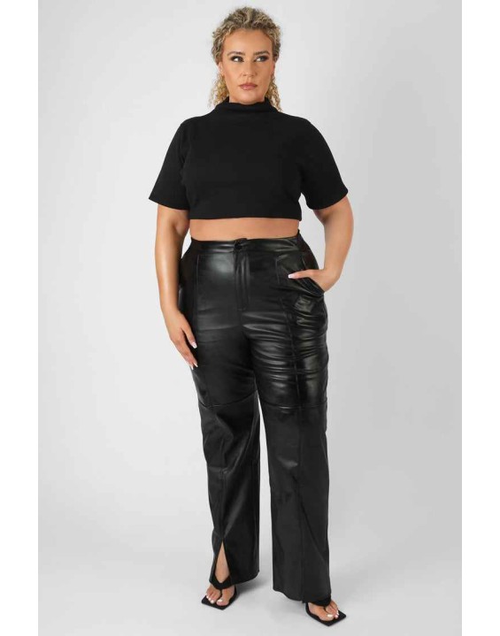 Curve High Neck Ribbed Cropped T Shirt Black