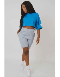 Oversized Boxy Cropped Patch T-Shirt Blue