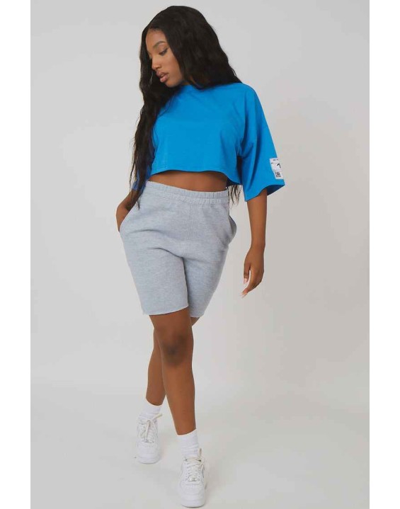 Oversized Boxy Cropped Patch T-Shirt Blue
