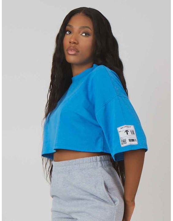 Oversized Boxy Cropped Patch T-Shirt Blue
