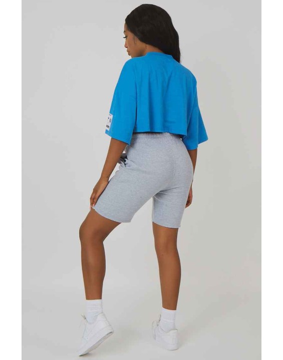 Oversized Boxy Cropped Patch T-Shirt Blue