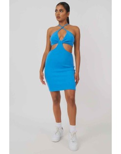 Rib Ruched Bust Cut Out Mini Dress Blue
