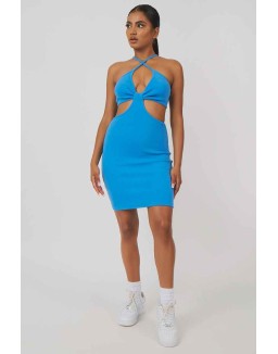Rib Ruched Bust Cut Out Mini Dress Blue