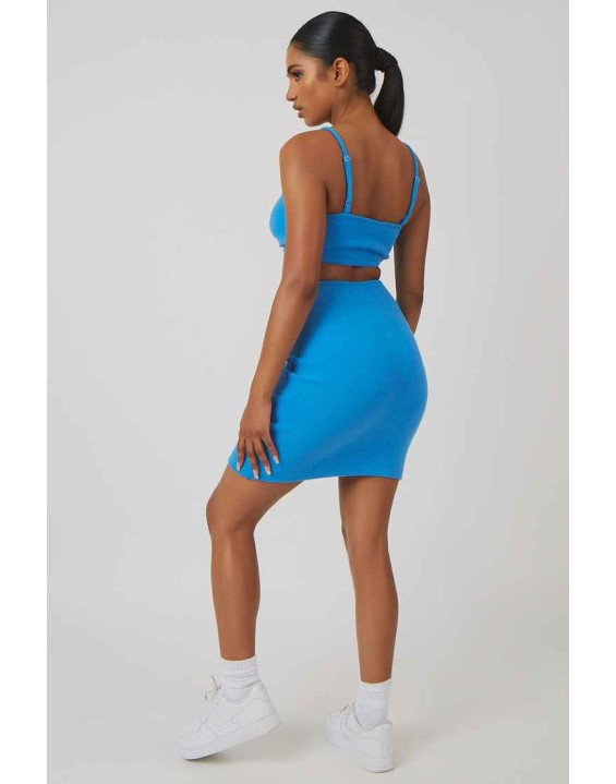 Rib Ruched Bust Cut Out Mini Dress Blue