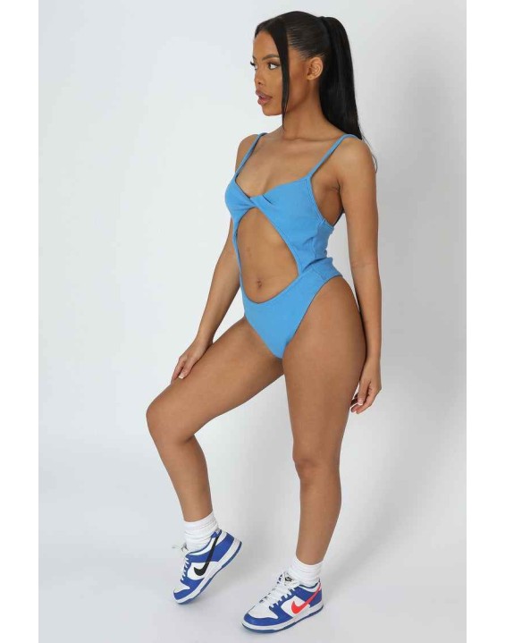 Jersey High Leg Twist Bodysuit Blue