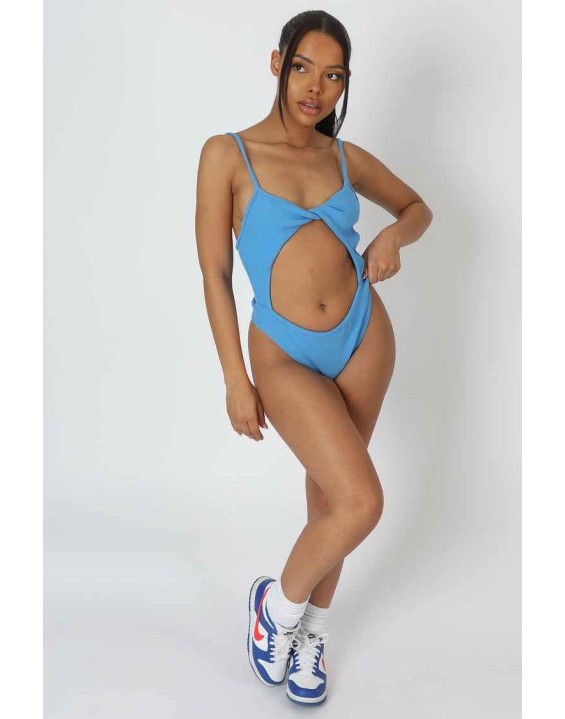 Jersey High Leg Twist Bodysuit Blue