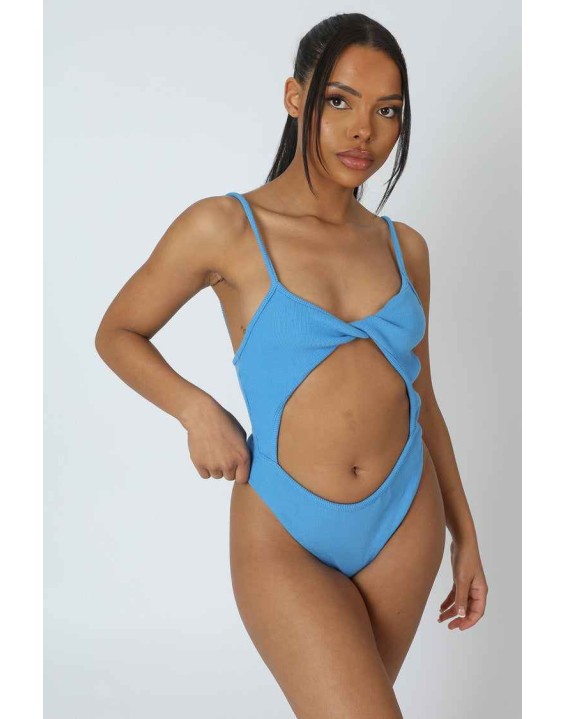 Jersey High Leg Twist Bodysuit Blue