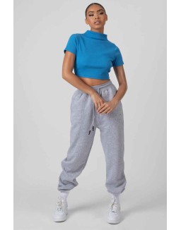 High Neck Ribbed Cropped T Shirt Blue