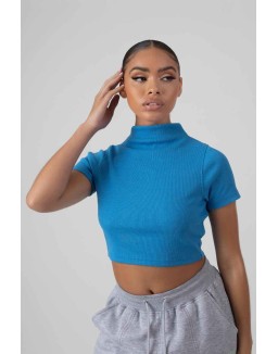 High Neck Ribbed Cropped T Shirt Blue