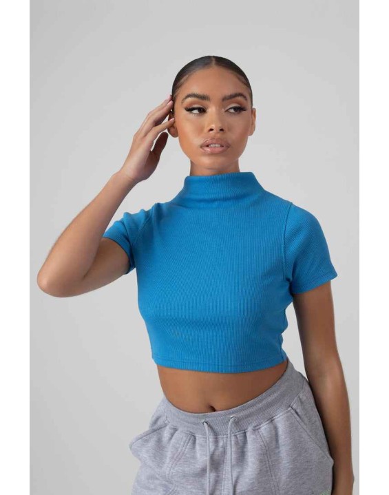 High Neck Ribbed Cropped T Shirt Blue