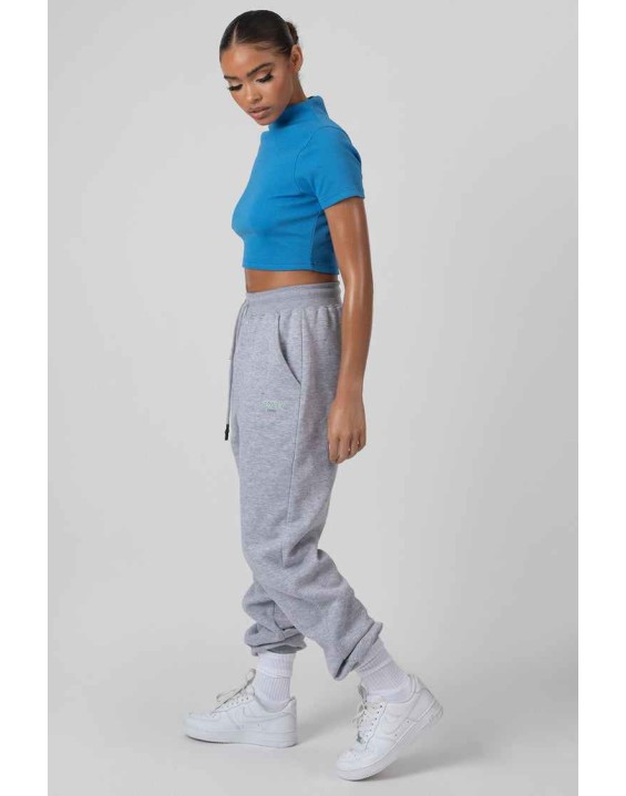 High Neck Ribbed Cropped T Shirt Blue