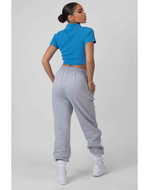 High Neck Ribbed Cropped T Shirt Blue