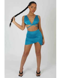 Split Front Satin Skirt Blue