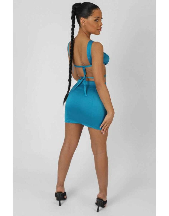 Split Front Satin Skirt Blue