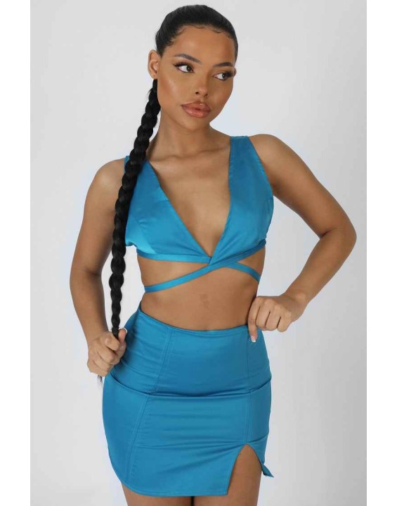 Split Front Satin Skirt Blue