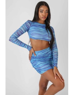 Space Dye Print Underbust Mesh Crop Top Blue