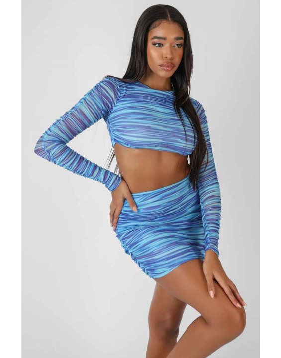 Space Dye Print Underbust Mesh Crop Top Blue