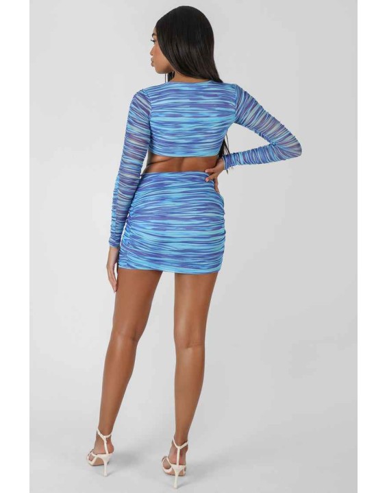 Space Dye Print Tie Waist Mesh Mini Skirt Blue